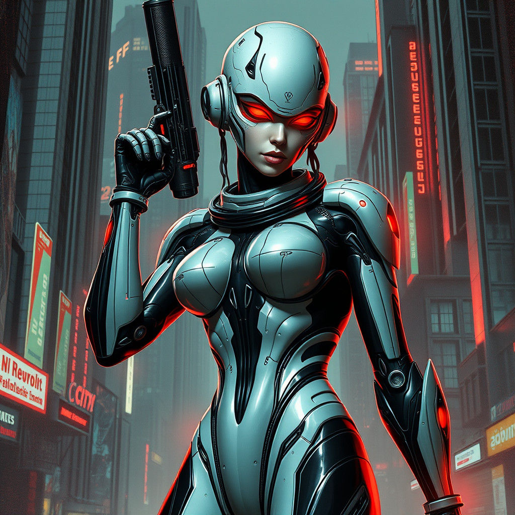 Cyborg Assassin in Dystopian Cityscape