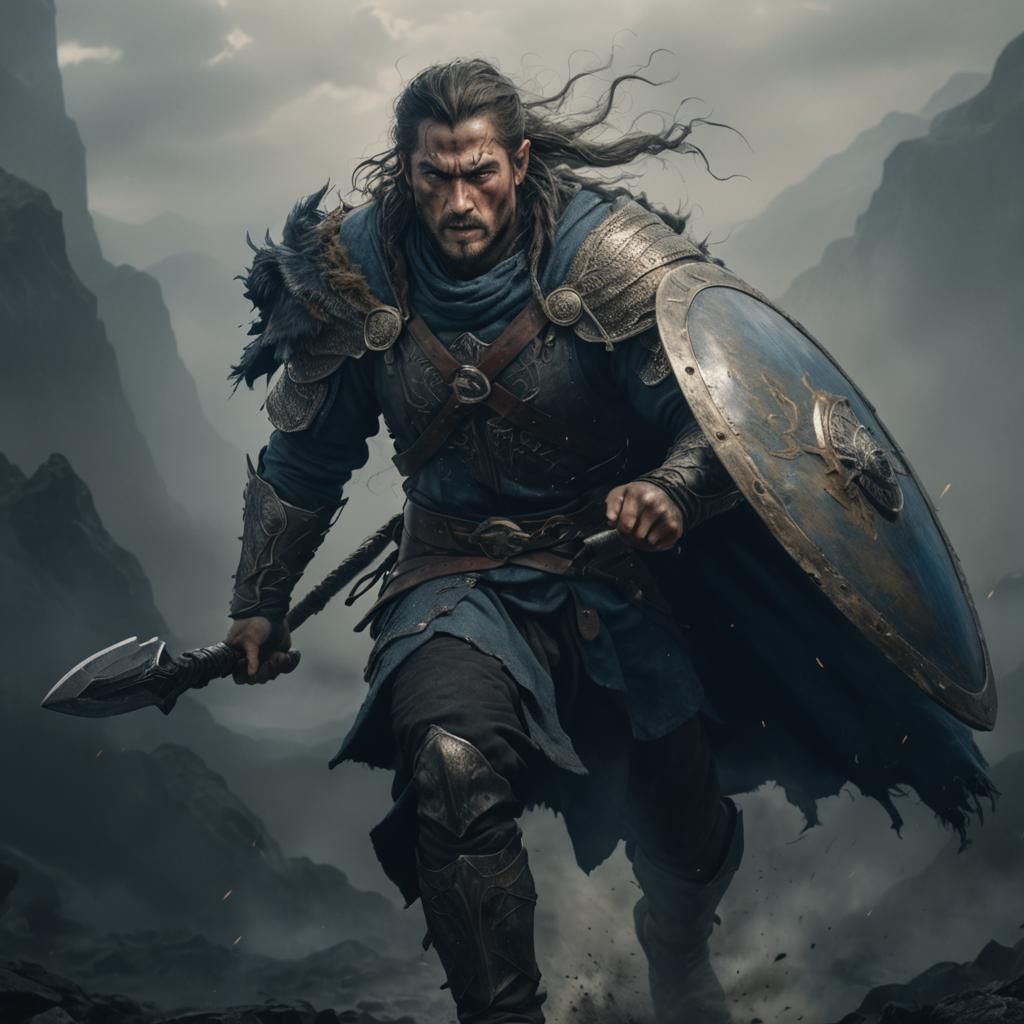 Photorealistic Warrior Charging in Blue and Silver