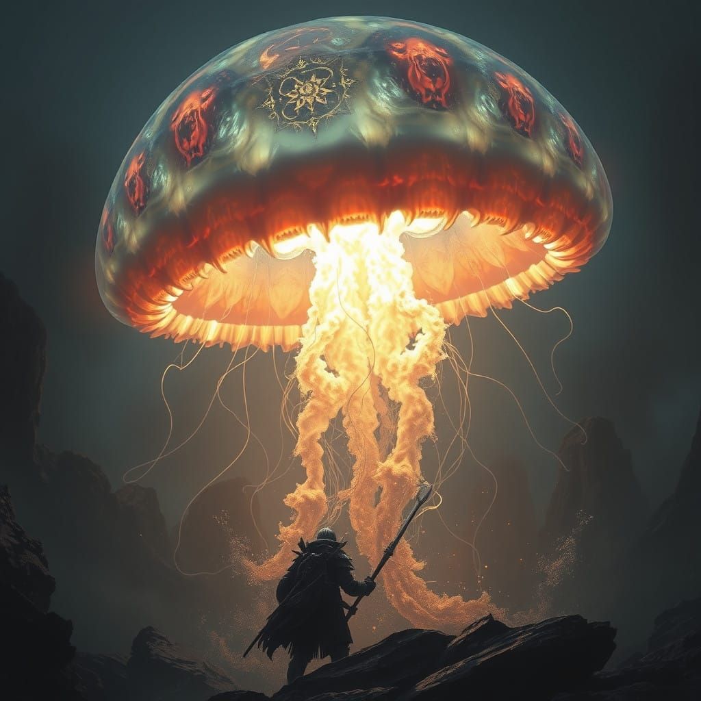 Epic Dark Fantasy Warrior Confronts Celestial Jellyfish in a...