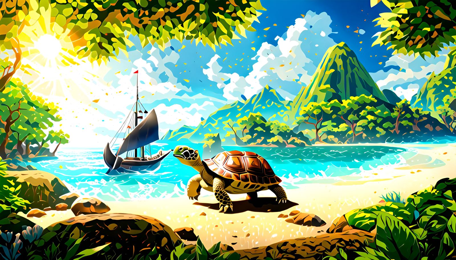 Floating Tortoise Island with Forest and Sun