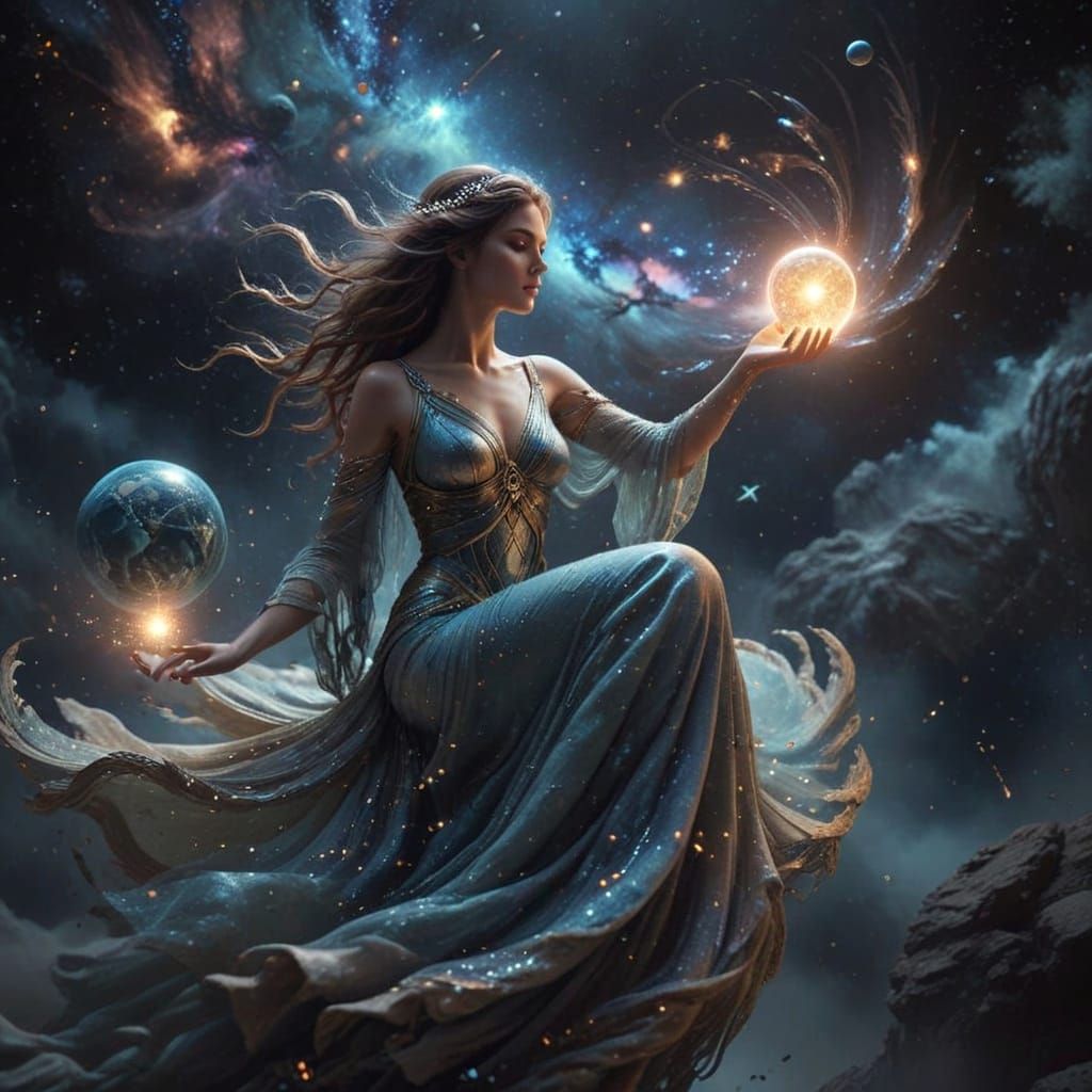 Earth Goddess in Cosmos, Watercolor Style