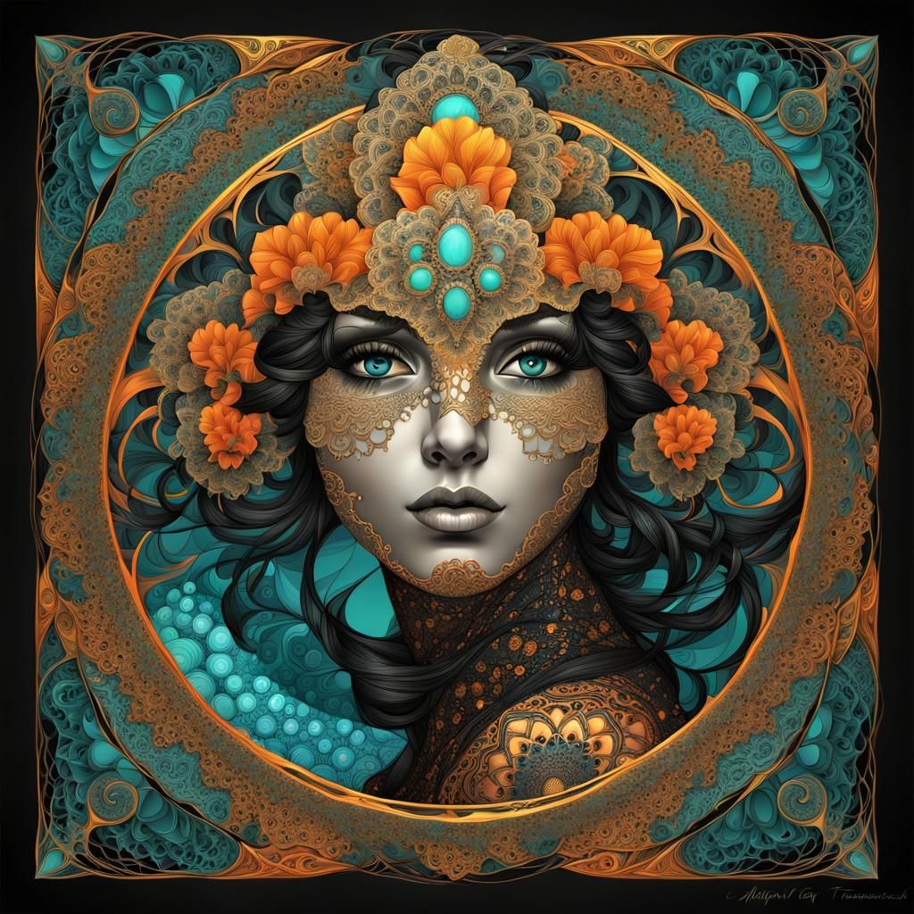 Fractal Lace Girl in Art Nouveau Style