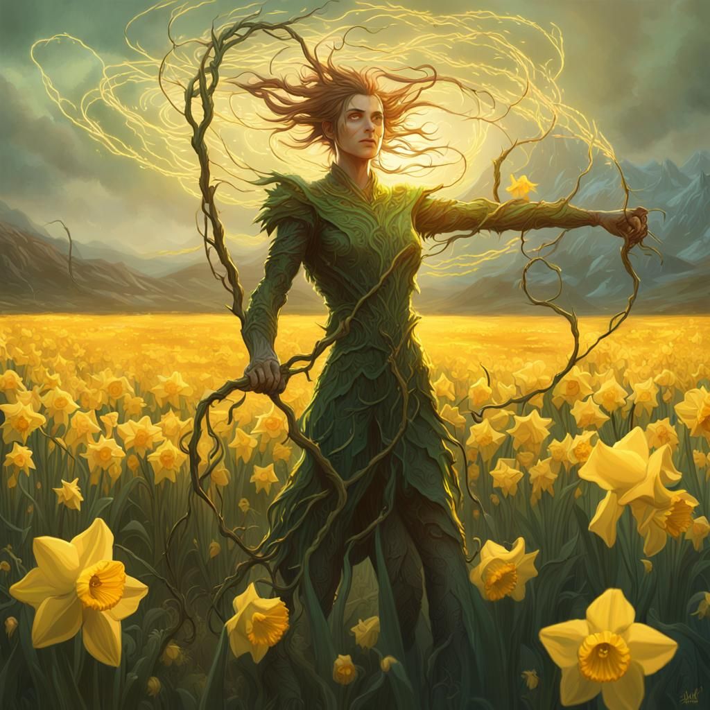 Lightning Dryad in Daffodil Field: Fantasy Art
