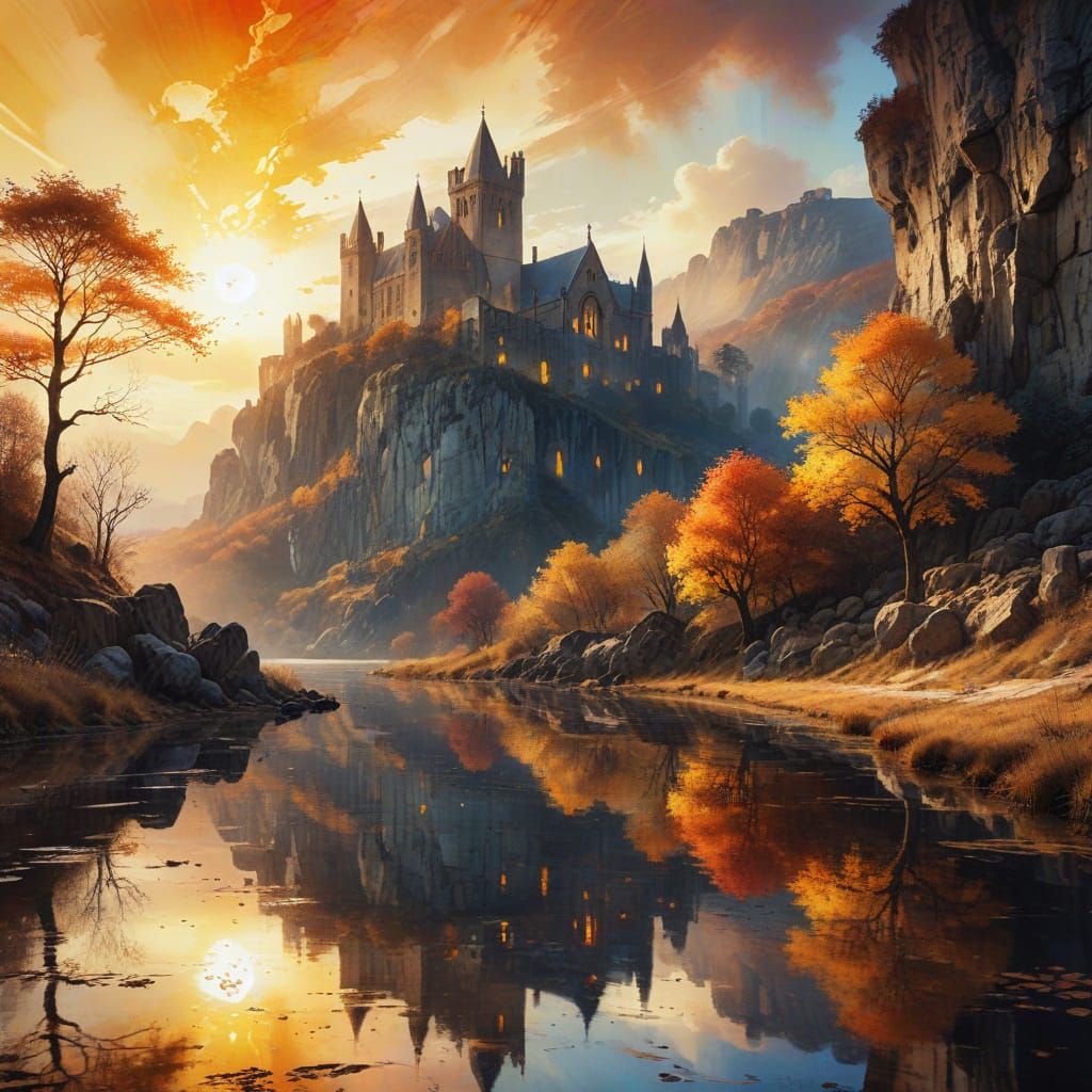 Gothic Ruins along the Riverbank in Autumn Splendor