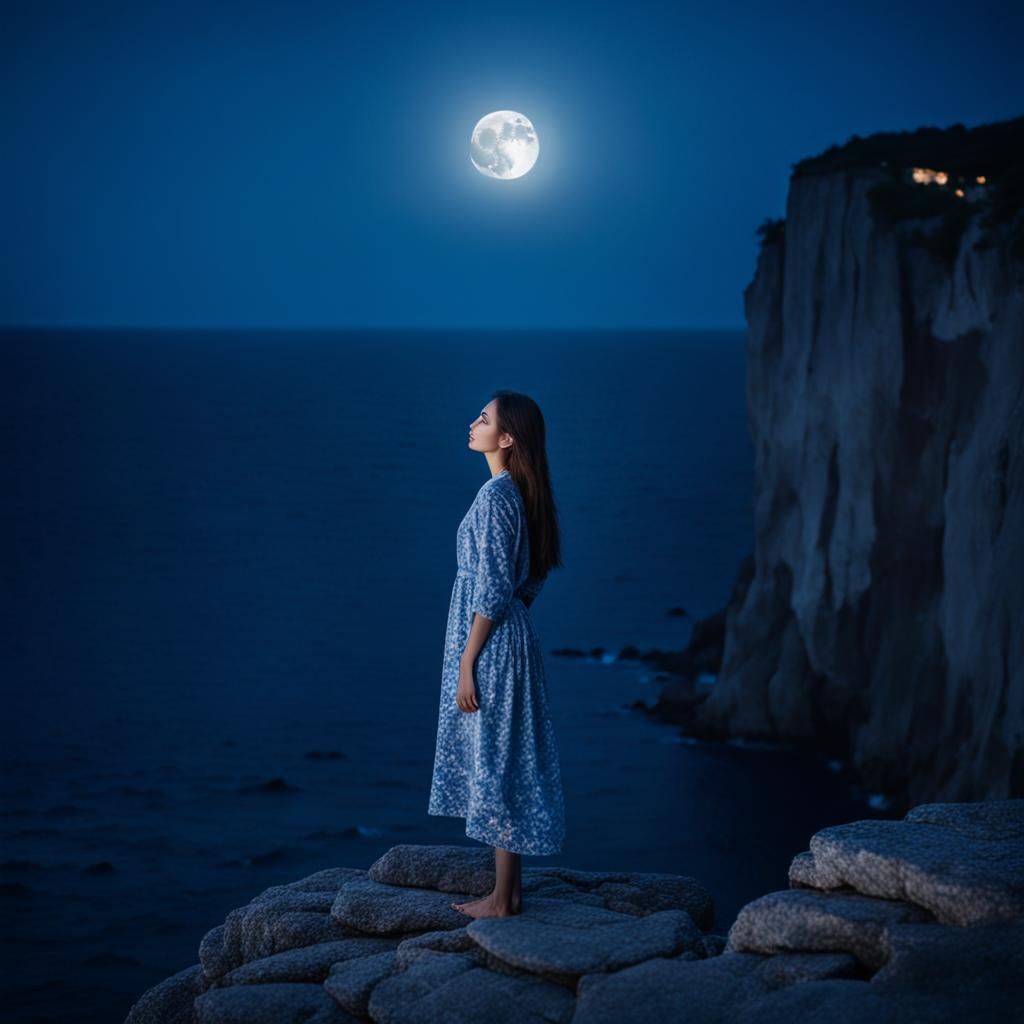 Woman on Cliff Under Full Moon