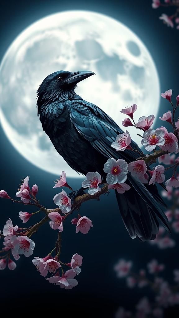 Crow and Cherry Blossoms Under Moonlight