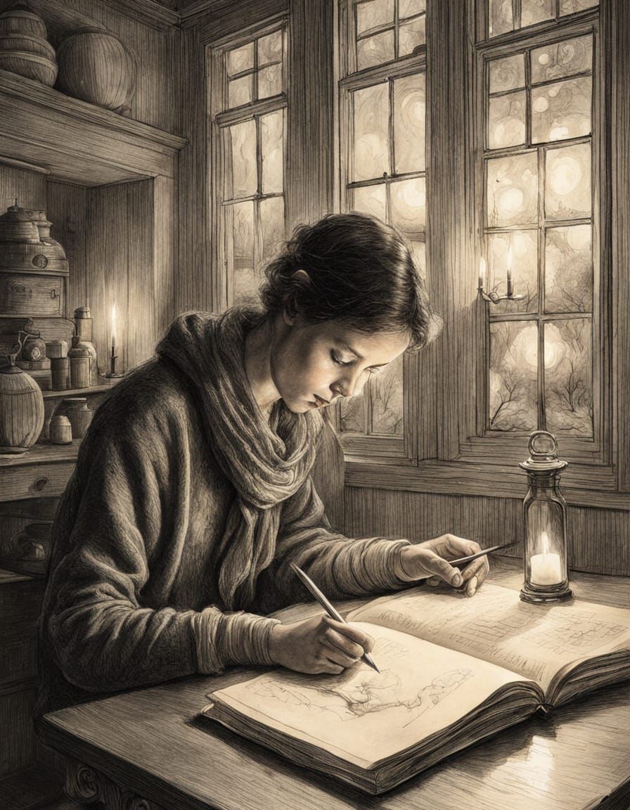 Dreams Take Flight: Person Sketching by Candlelight