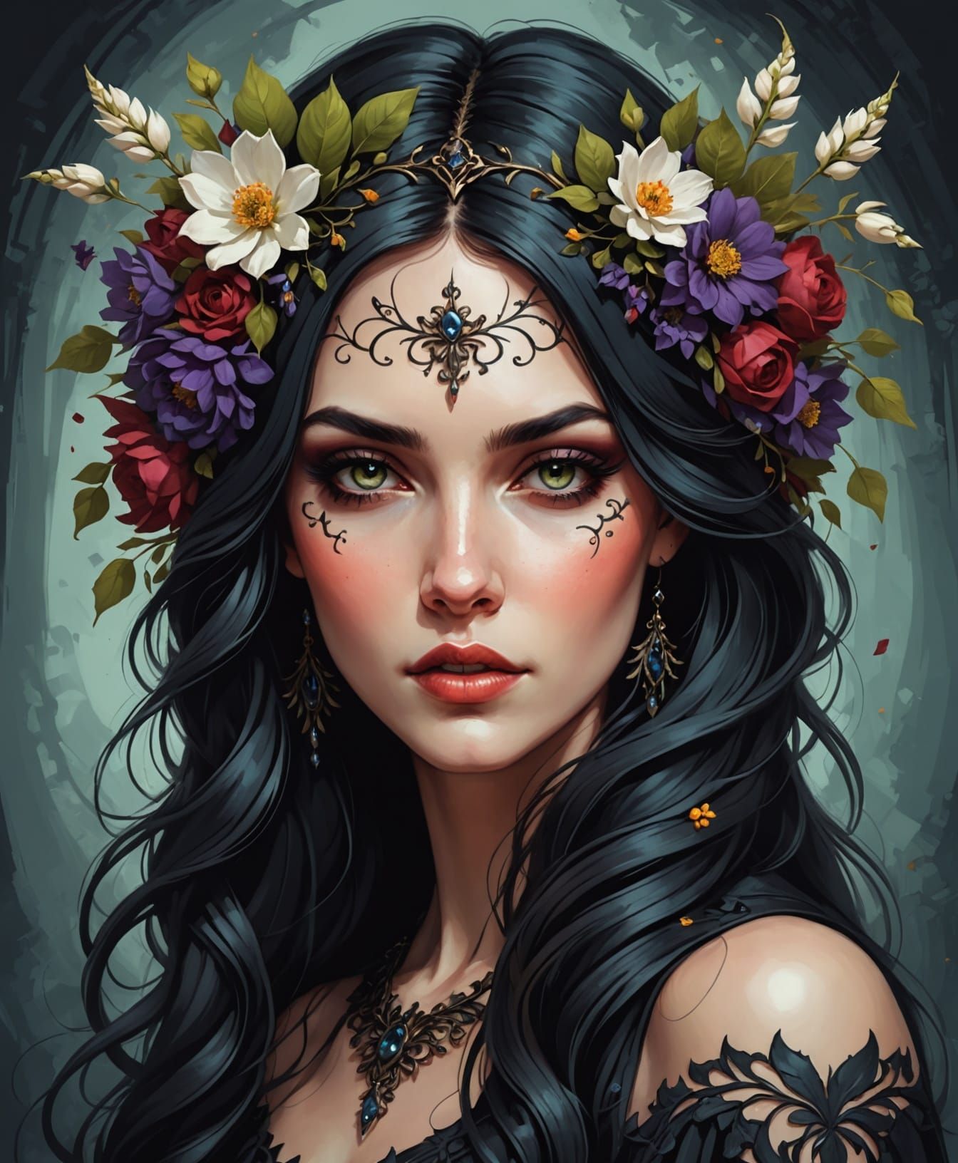 Gothic Fantasy Portrait of Woman with Flowers in Hair