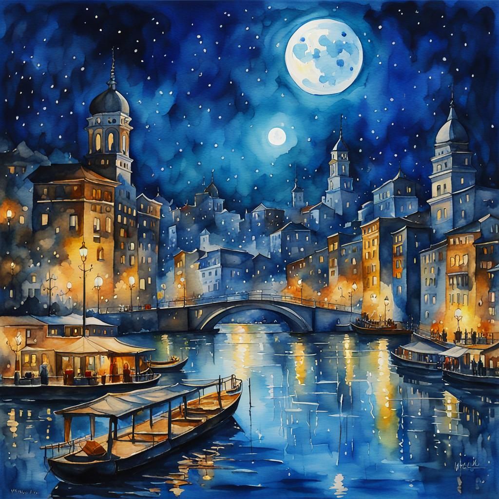 Blue City at Night: Watercolor Impressionist Painting