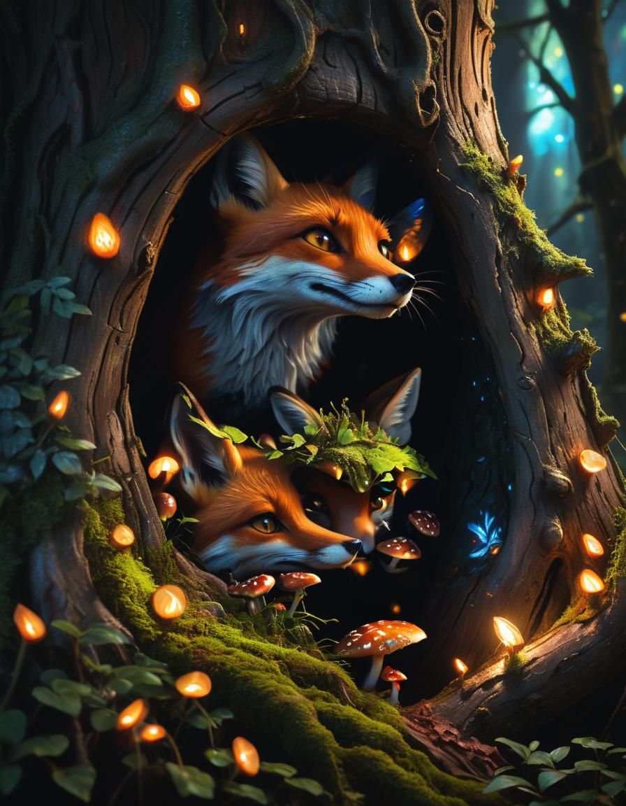 Photorealistic  furry cute foxes inside magic box made of ru...