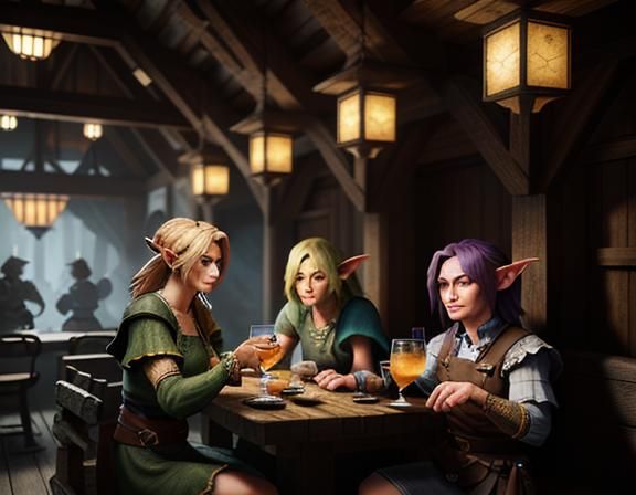 Female Goblins Enjoying Cocktails in Rustic Tavern