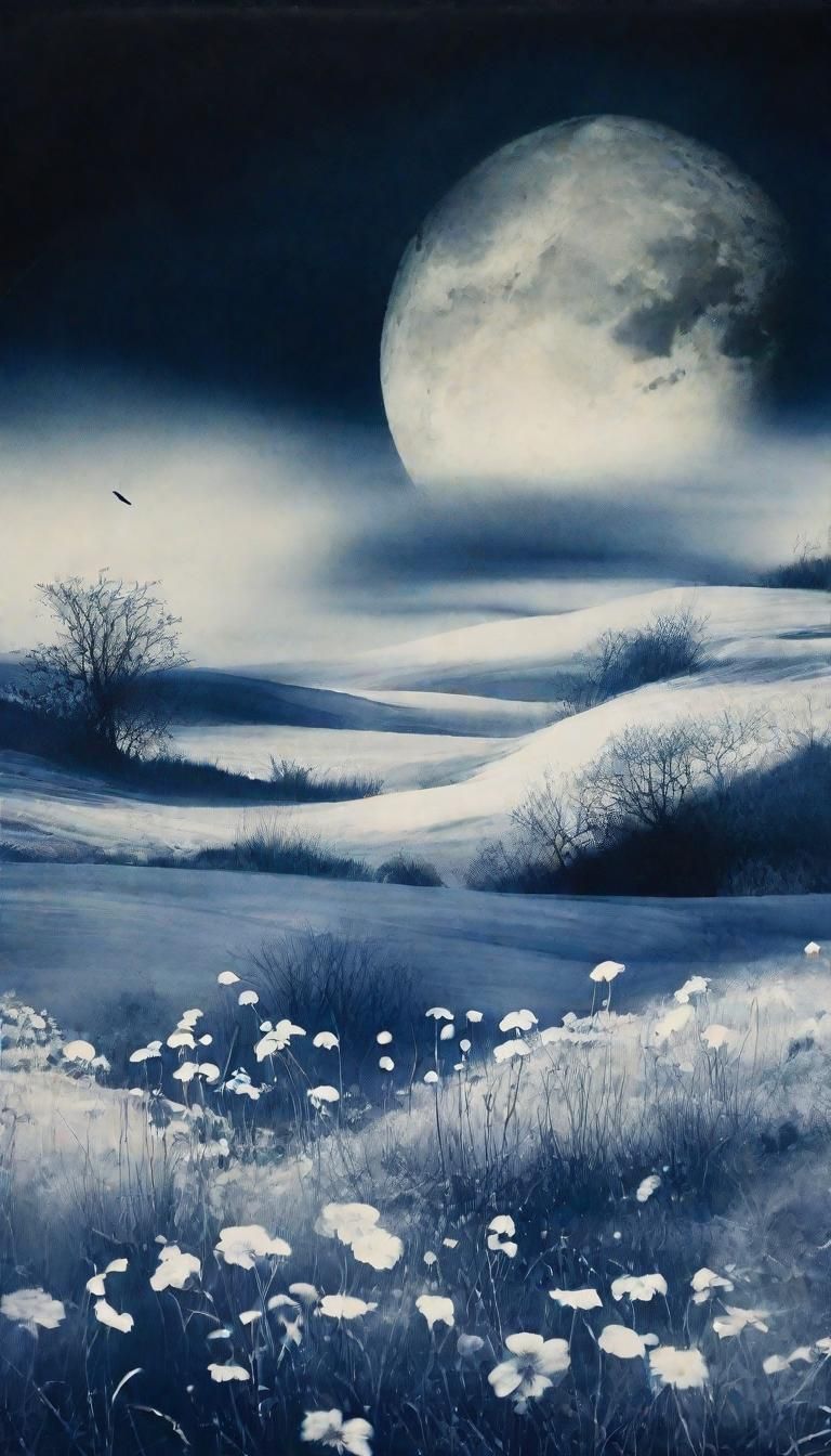 Ethereal Cyanotype Landscape with Wind and Moon