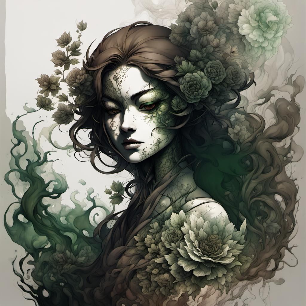 Dark Fantasy Floral Portrait in Japanese Ink Art