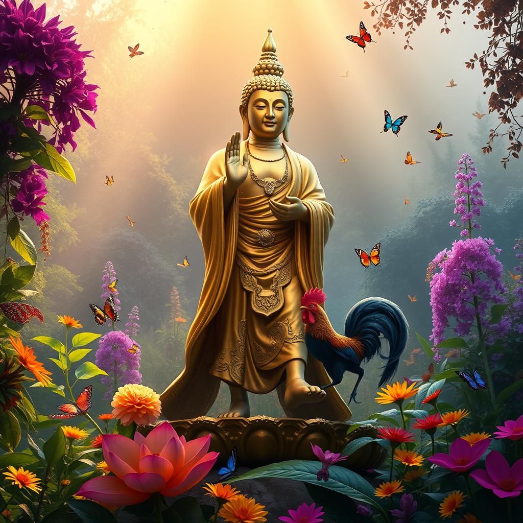 Buddha Statue with Animals in Fantasy Garden