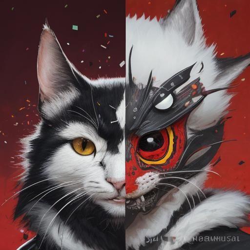 Whimsical Feline Villain with Sprinkles and Oni Mask