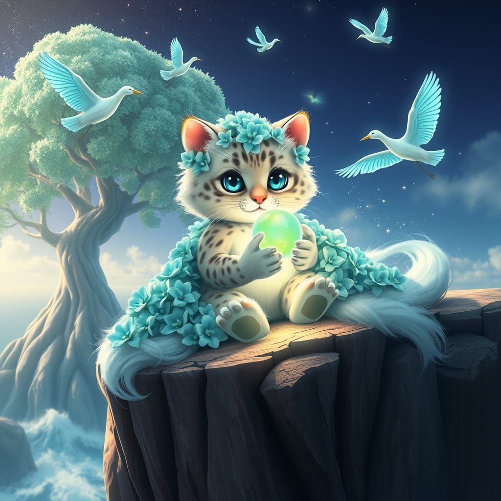 Snow Leopard Cub with Turquoise Flowers, 3D Anime Art