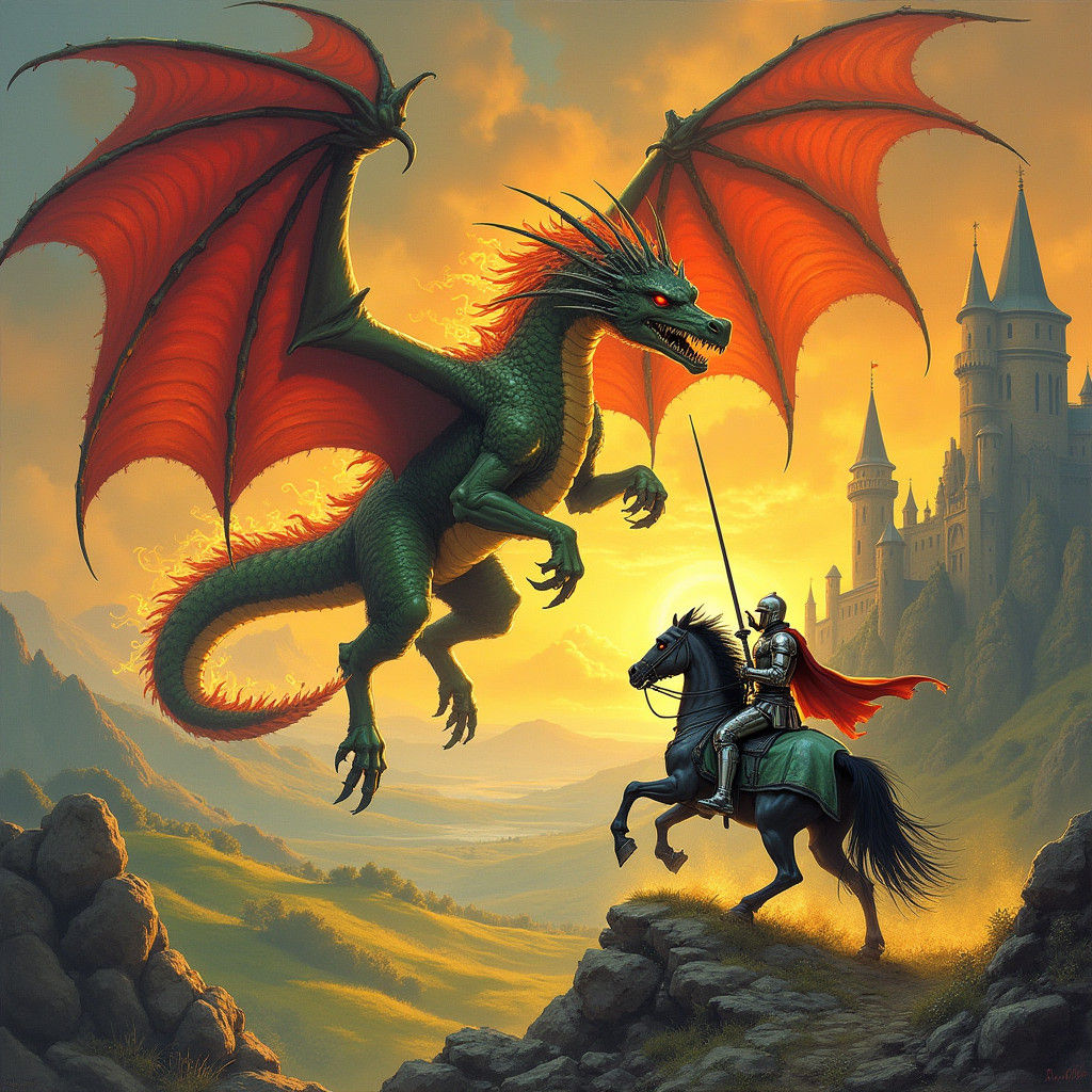 Dragon's Fire: Knight Confronts Jewel-Scaled Beast