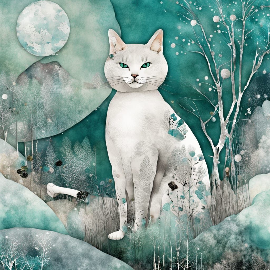 Winter Meadow Scene with Cat Friends in Digital Collage