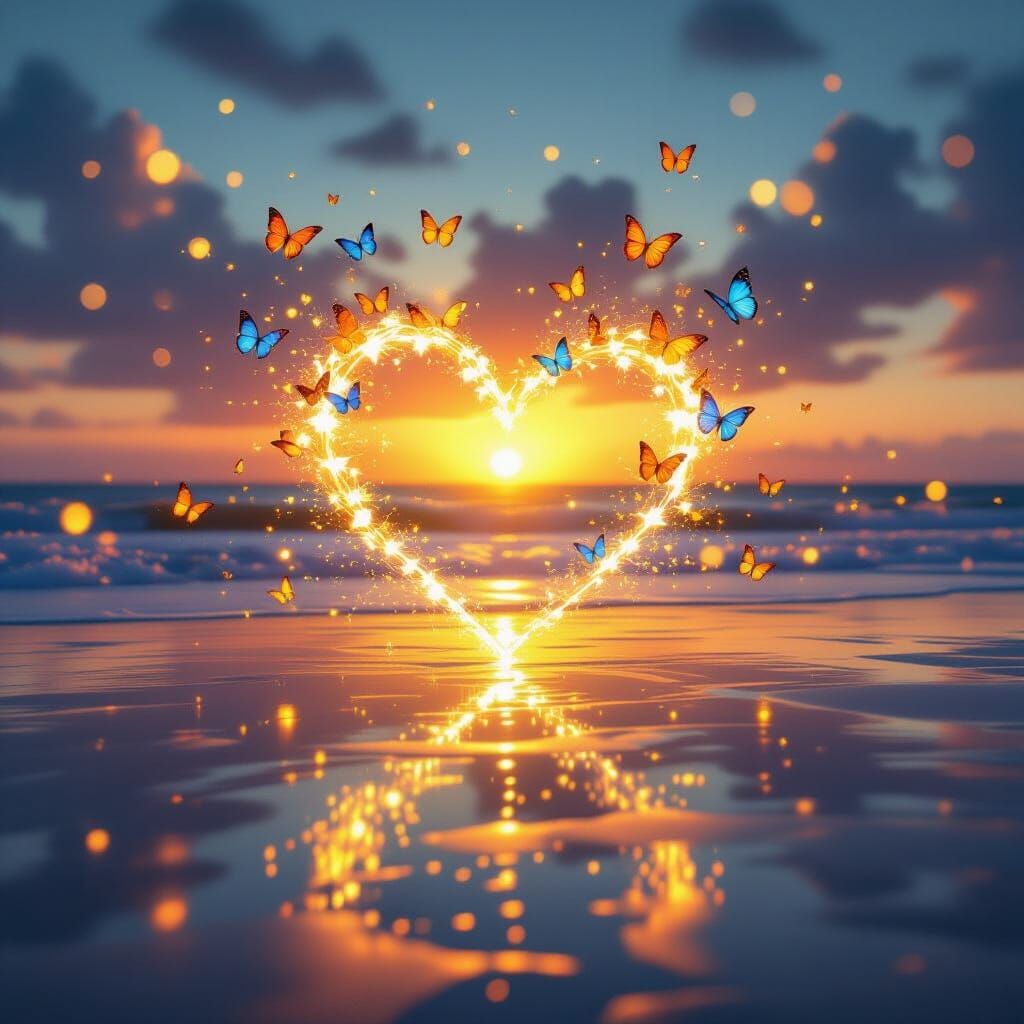 Dreamy Sunset Beach with Butterflies and Golden Light