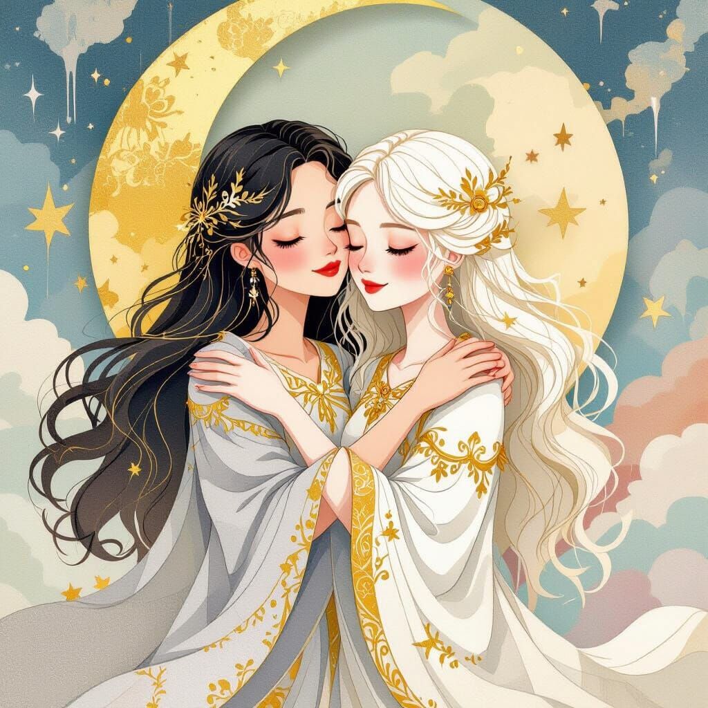 Sun and Moon Embrace in Paper Cut-Out Style