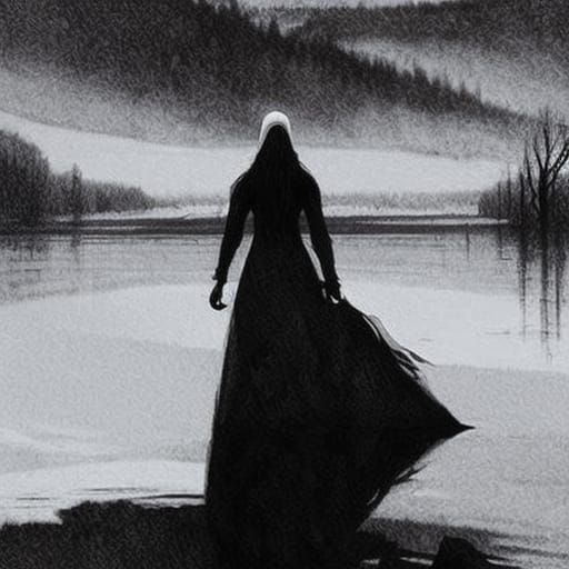 Monochromatic Gothic Drowning Girl in Winter Lake