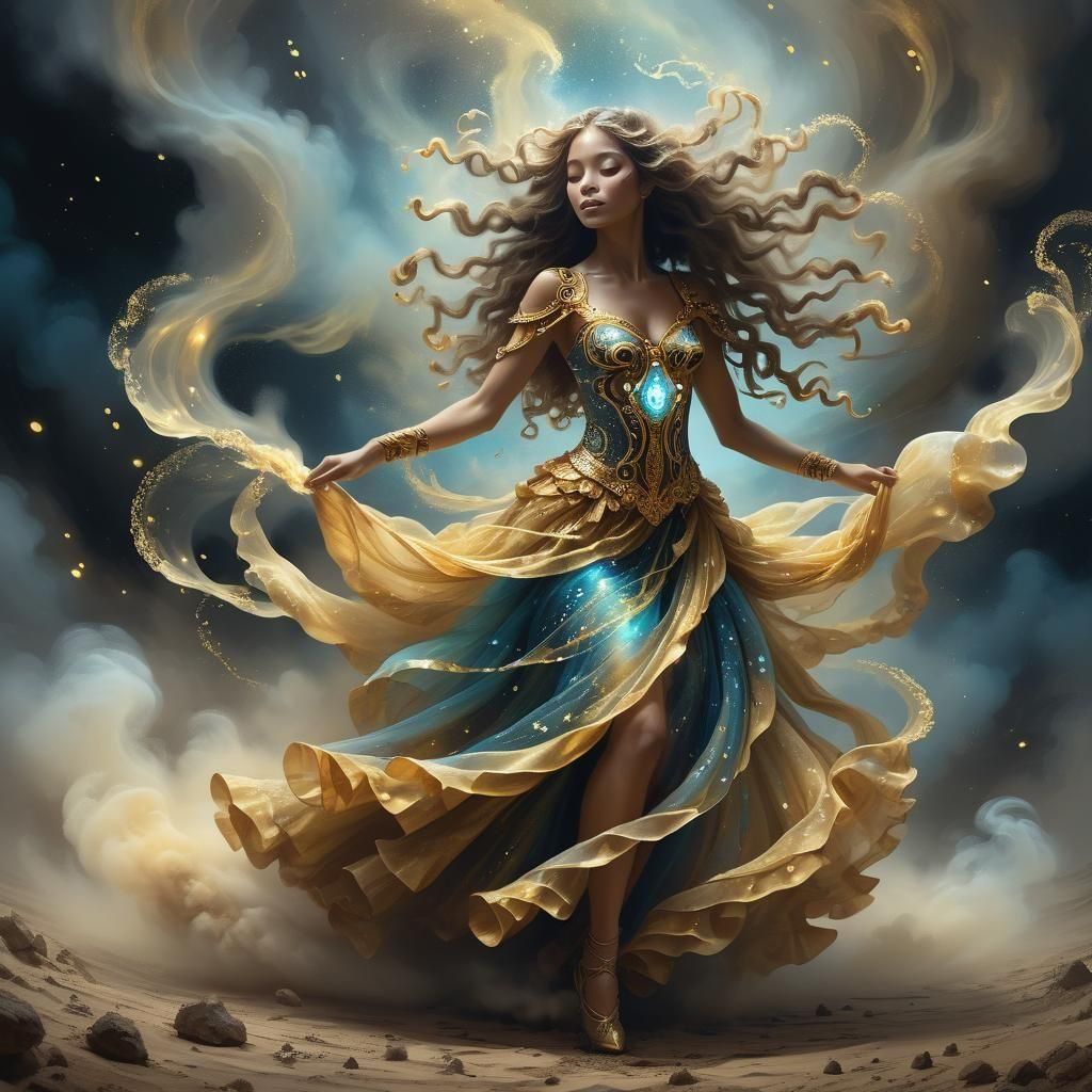 Bioluminescent Dancer in Dirt Vortex: Oil Painting