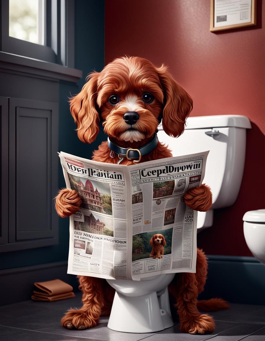 Red Cavapoo Reading Newspaper: Detailed Matte Painting