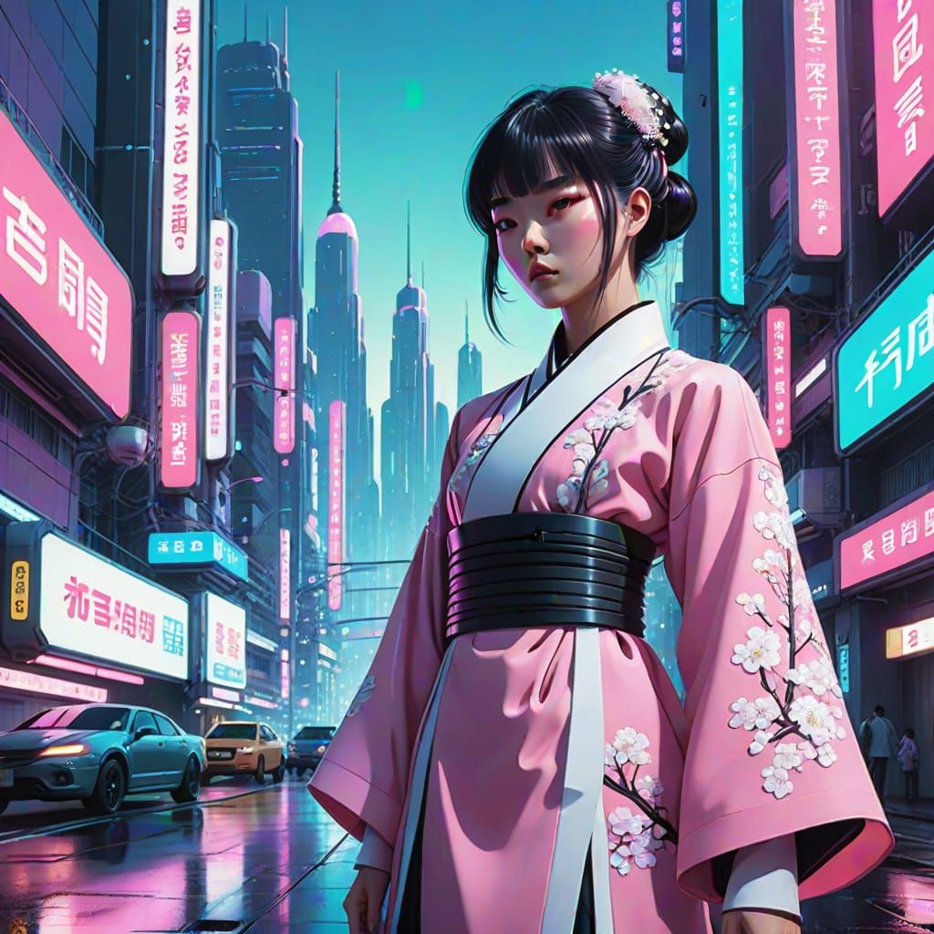 Cyberpunk Hanbok in Neon Cityscape