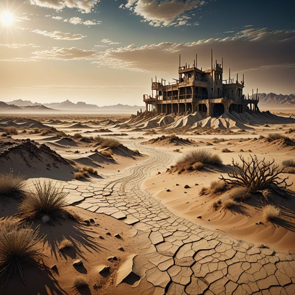 Ruined Futuristic City in Desert, Hyper-Realistic Digital Ar...