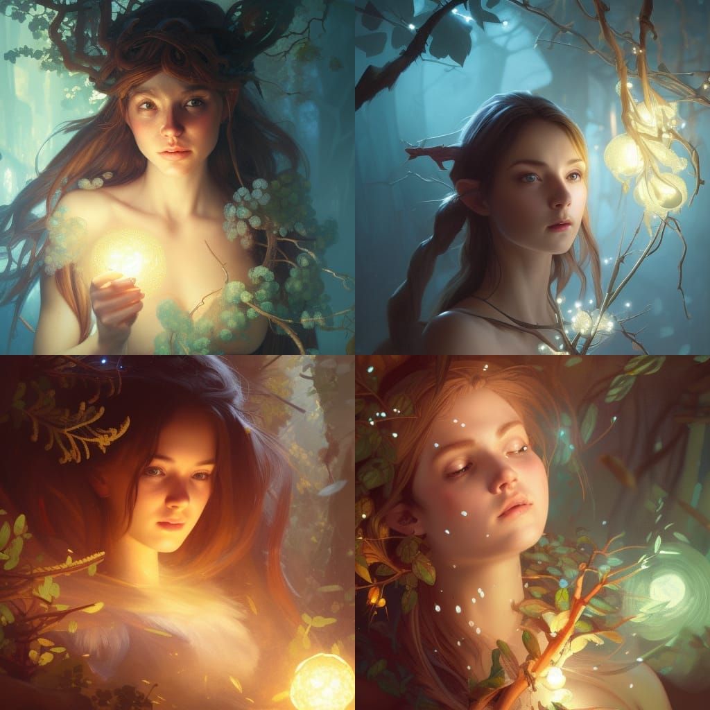 Elf Girl Portrait with Glowing Branches