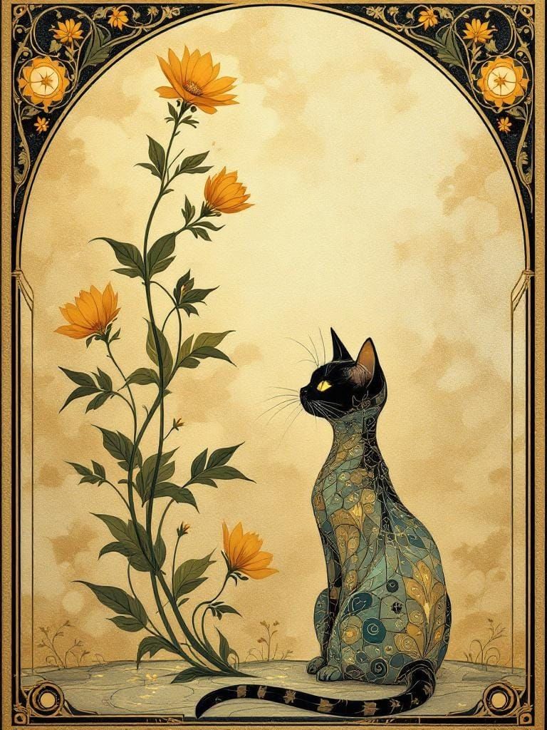 Cat Under Flower: Art Nouveau Digital Painting