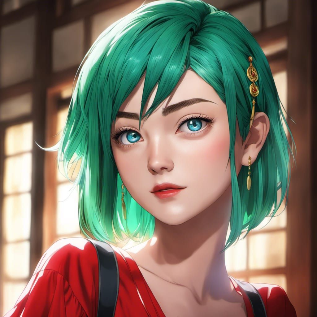 Anime Portrait of Beautiful Woman with Green Hair