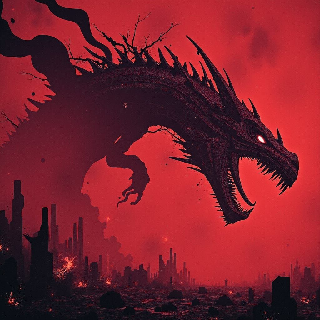 Biomechanical Dragon Battle in Crimson Sky