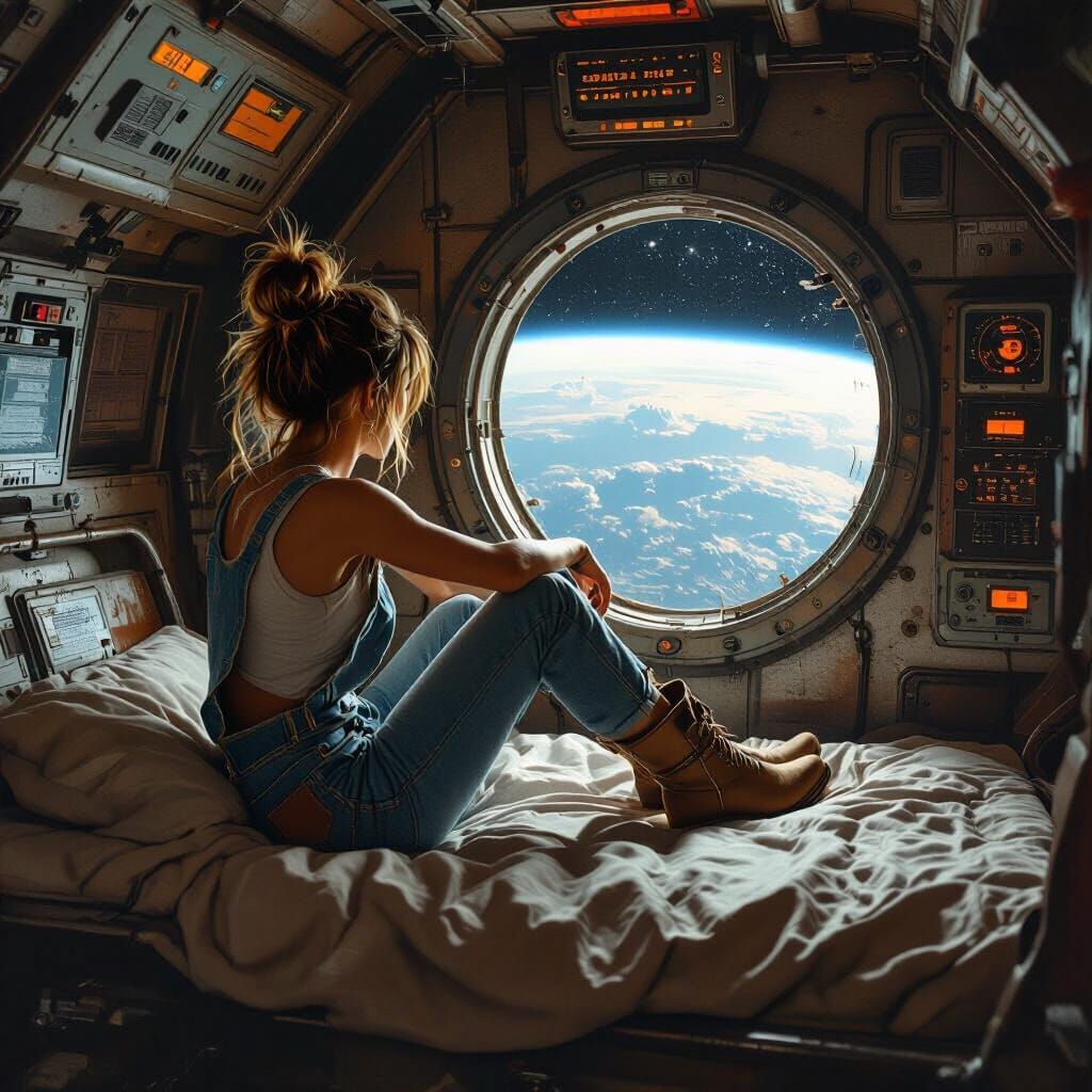 Retro Spaceship: Woman in Overalls Gazing at Earth