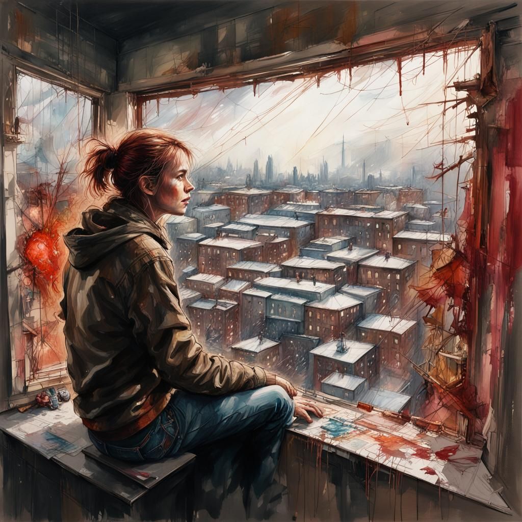 Winter City View from Artist's Studio: Hyperrealistic Portra...