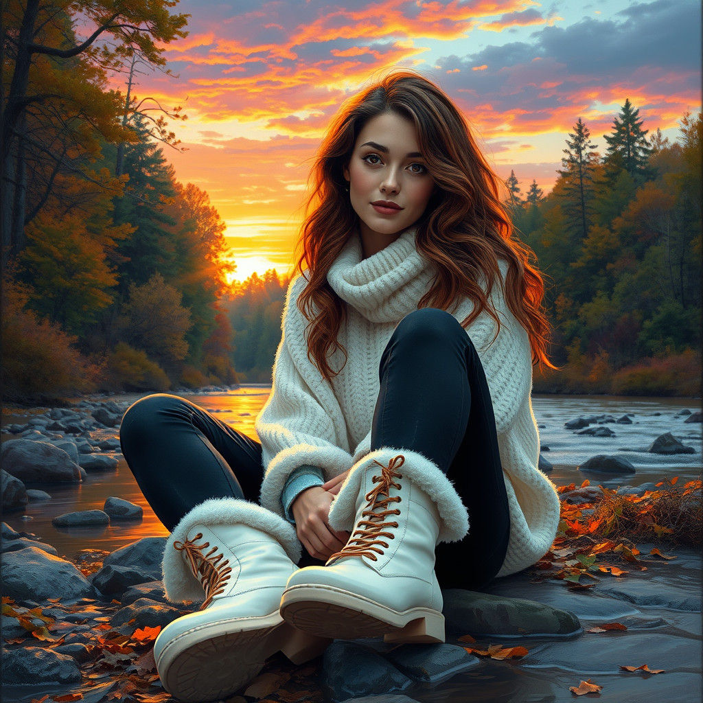 Woman on Riverbank in Hyperrealistic Graffiti Art Style