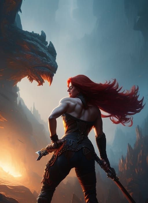 Redhead Warrior Woman in Dark Fantasy Art Style