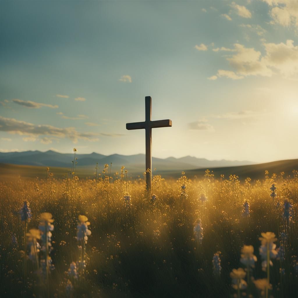 Cross in Wildflower Field: Photorealistic Cinematic Still