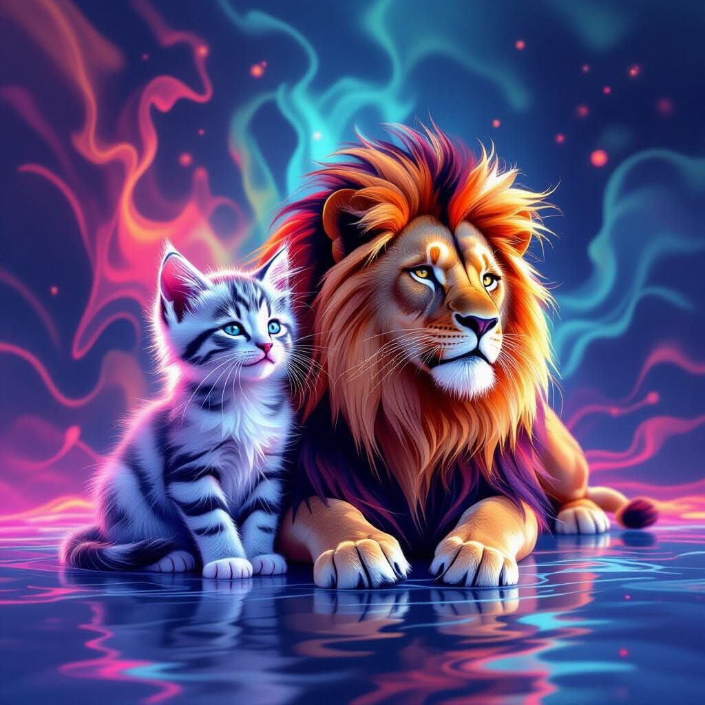 Nebulous Lion and Kitten in Neon Digital Art Style