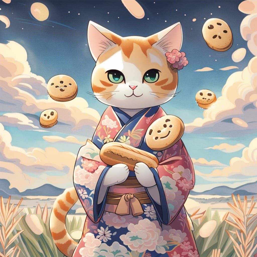 Kimono Cat Surrounded by Bread