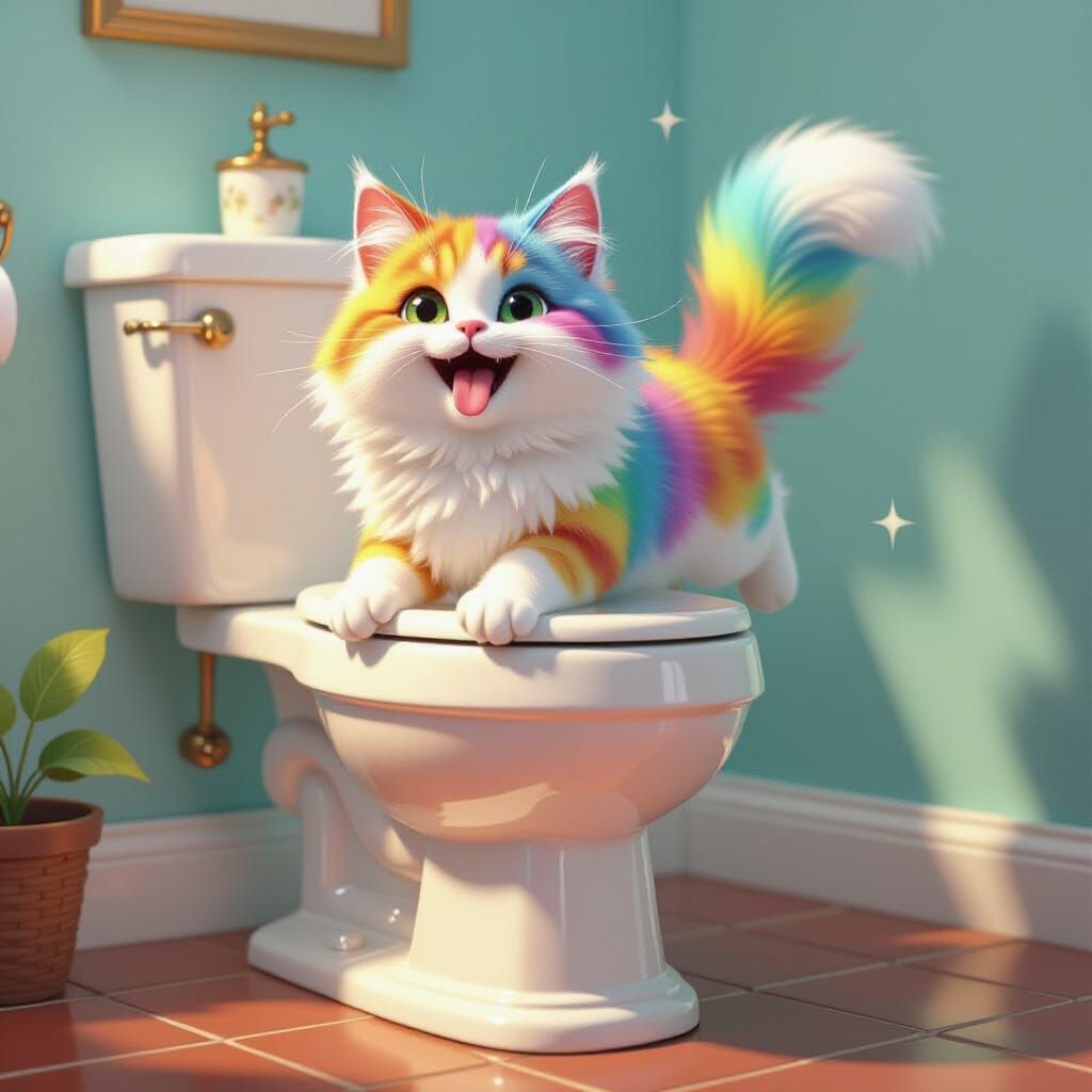 Rainbow Cat Joyfully Lands on Toilet in Cartoon Style