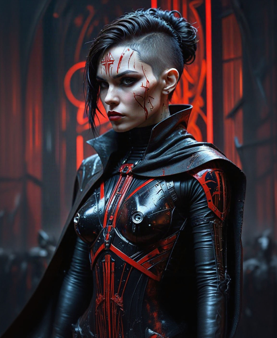 Surreal Sith Assassin in Futuristic Black Leather and Art No...