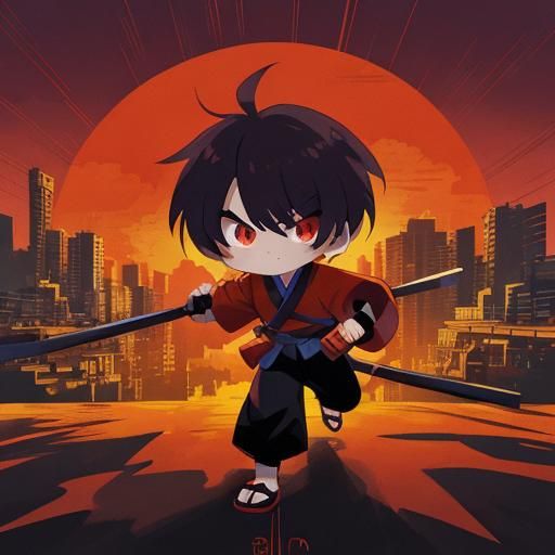 Kai the Red Ninja in Anime Cityscape