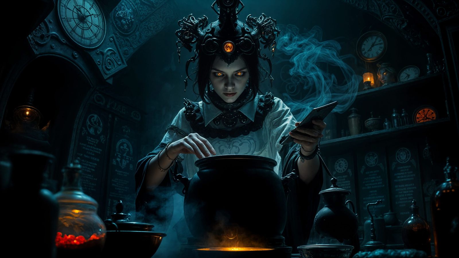 Dark Fantasy Alchemist Villain with Clockwork Prosthetics