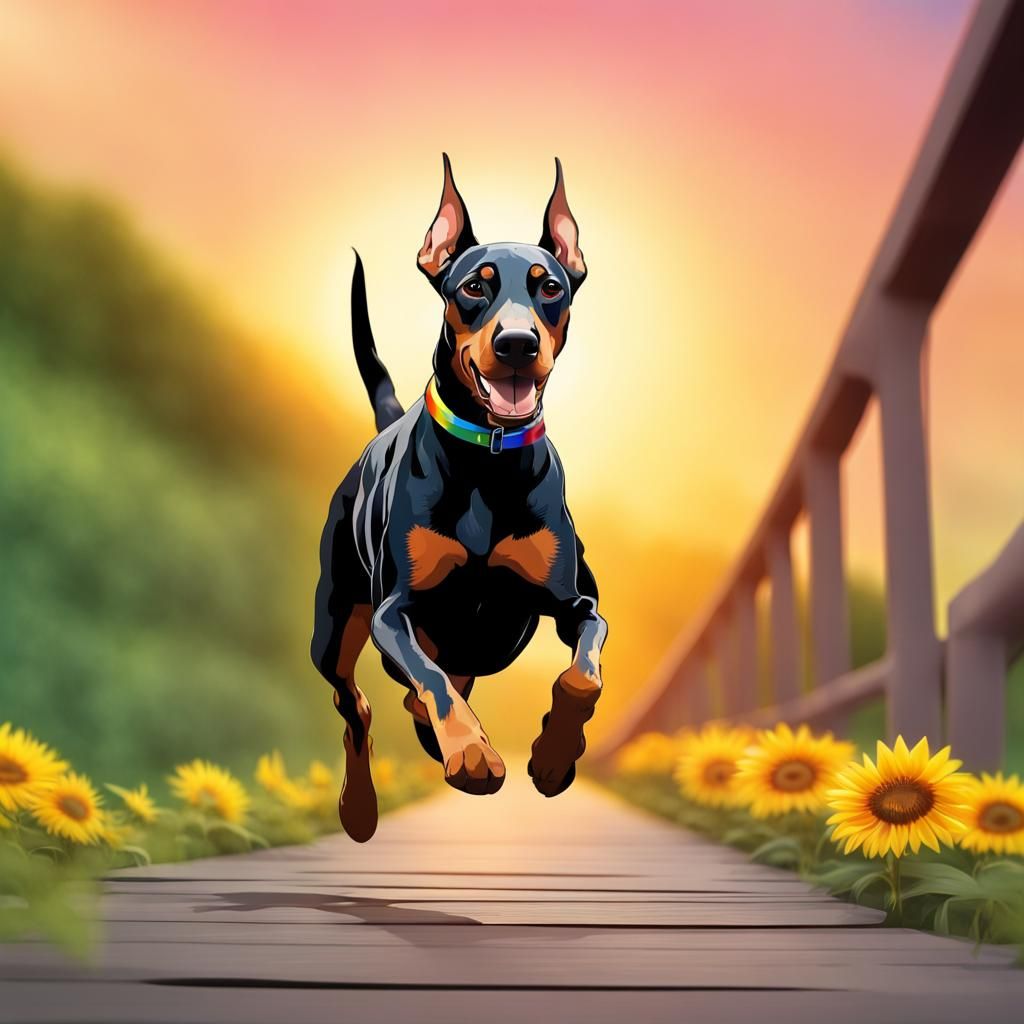 Rainbow Doberman Runs Towards the Light
