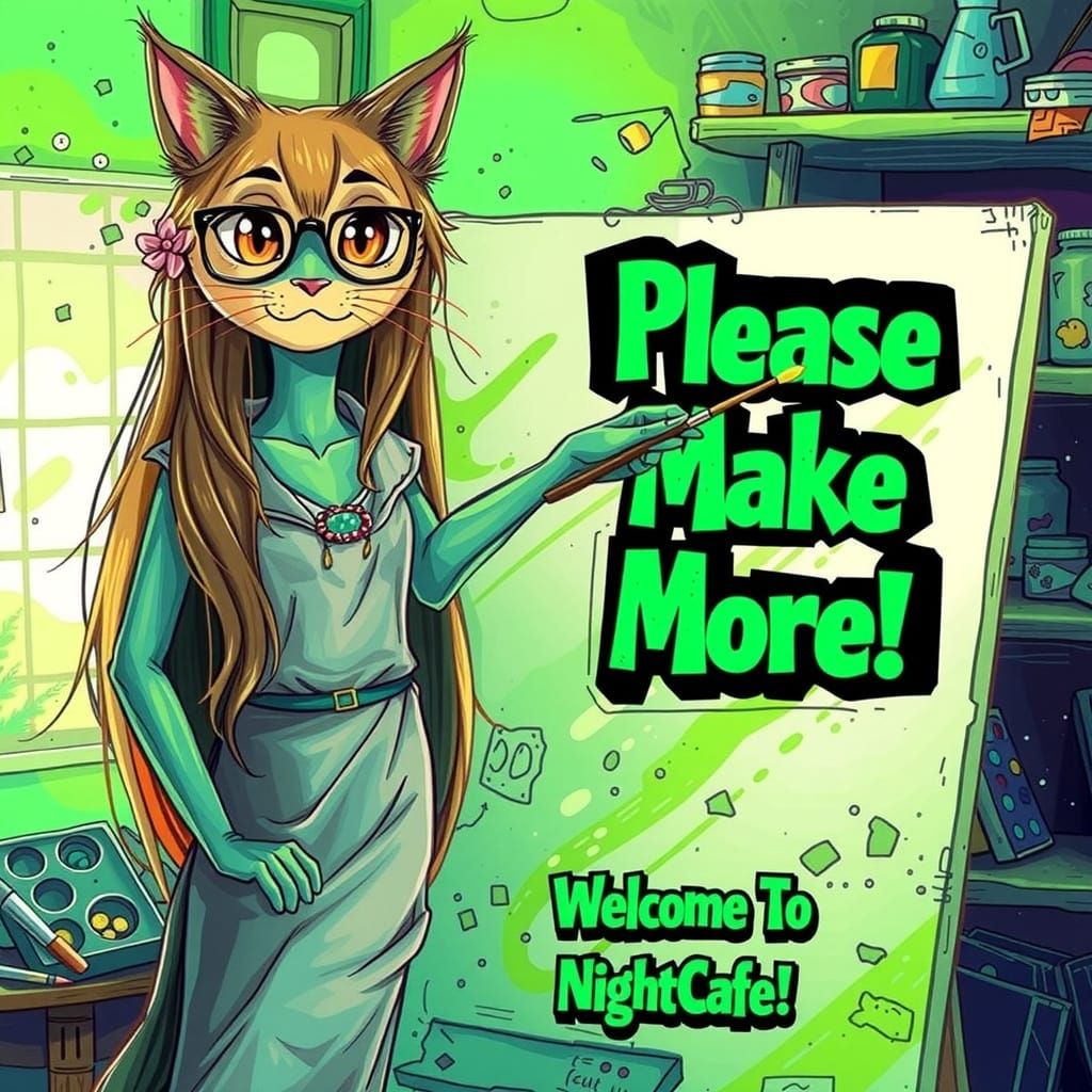 In a warmly lit art studio filled with scattered paint supplies and shelves brimming with art materials, a charming anth...