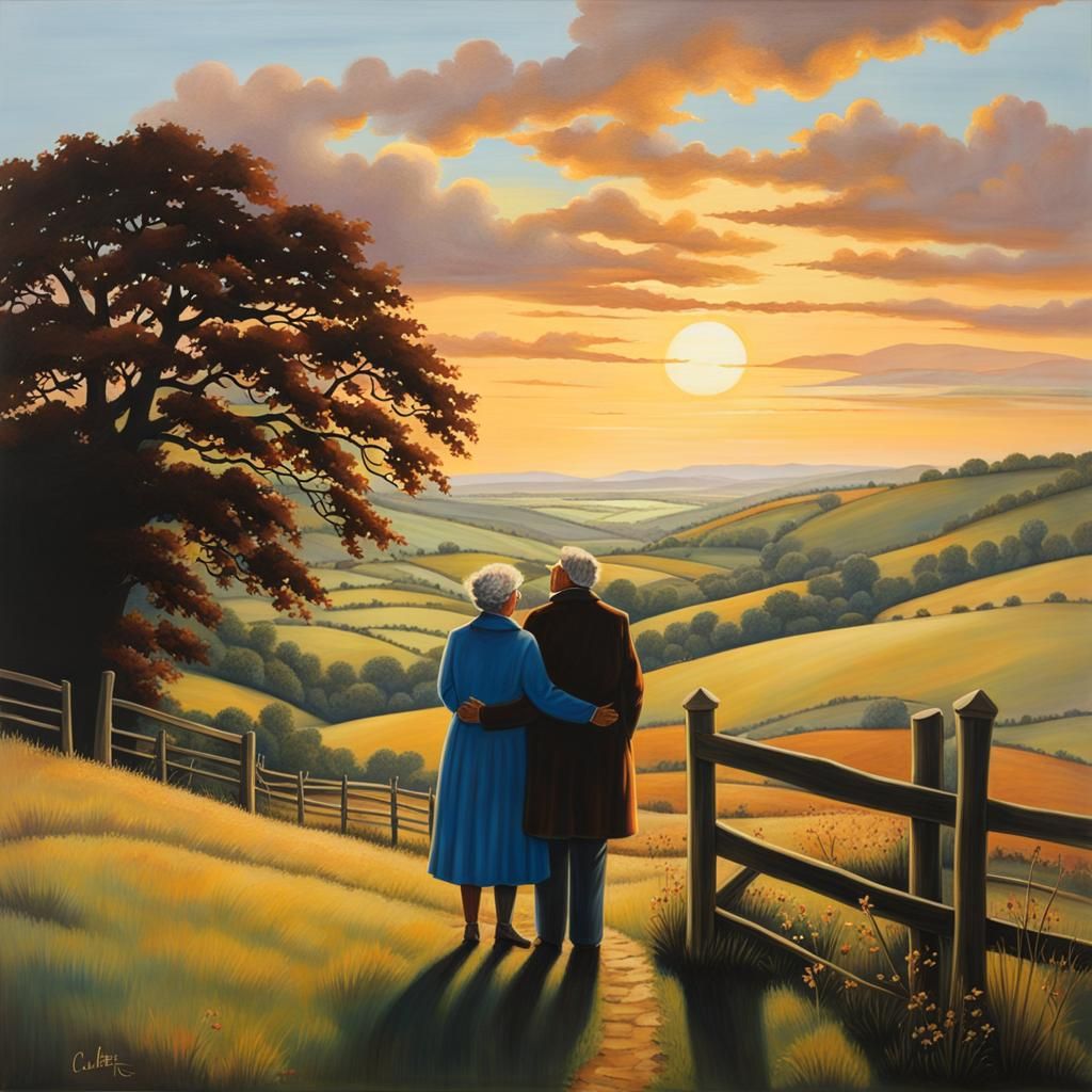 Elderly Couple at Sunset Landscape in Realistic Painting