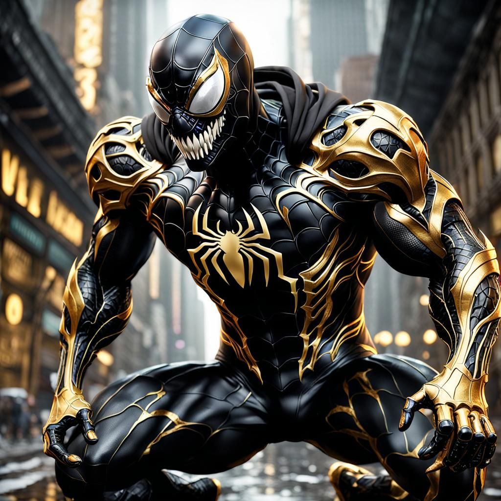 Venom Spiderman in Gold and Black Symbiote Suit