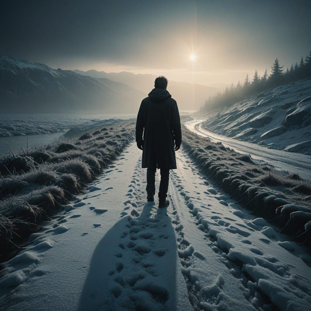 Man Hesitates at Edge of Icy Path in Fog