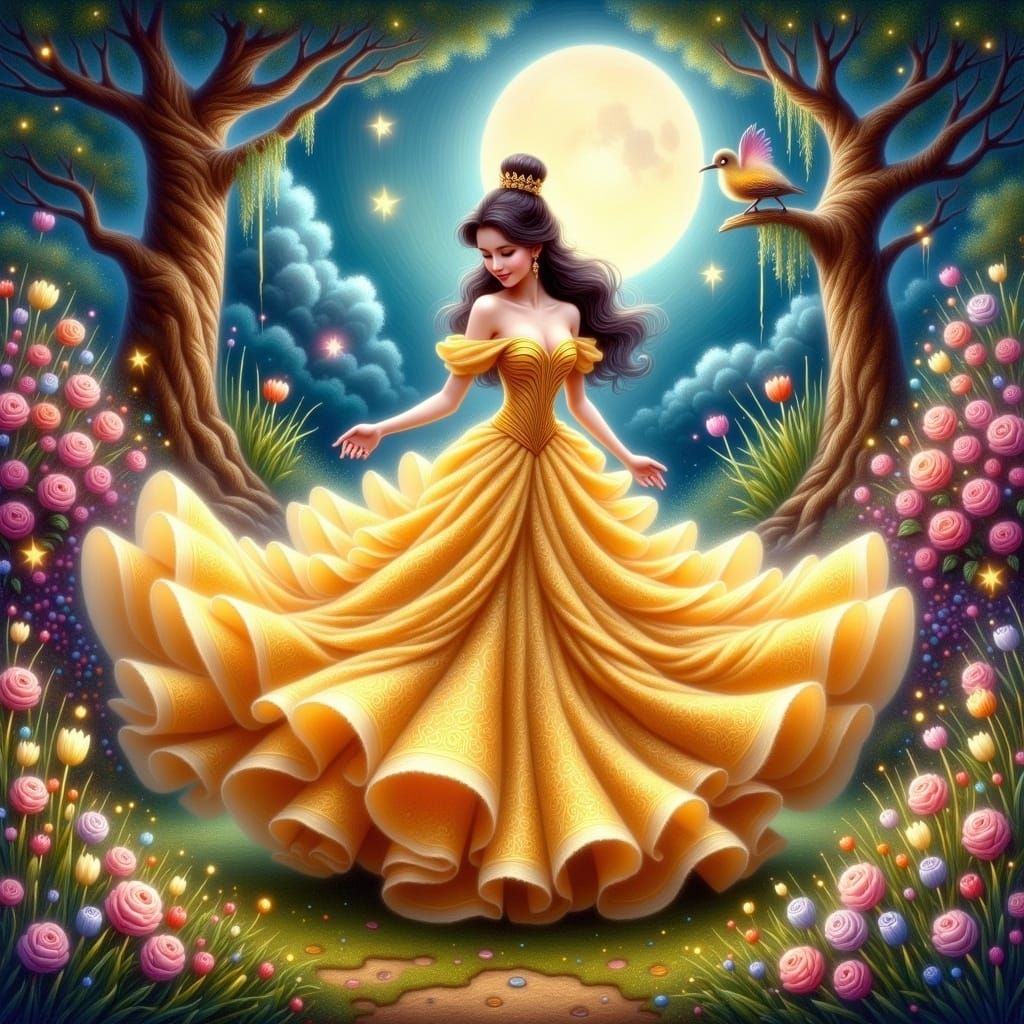 Ethereal Belle in Whimsical Moonlit Garden Scene